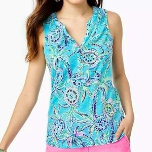 NWT Lilly Pulitzer Essie Printed Tank Top Smocked Cotton Beach XL
